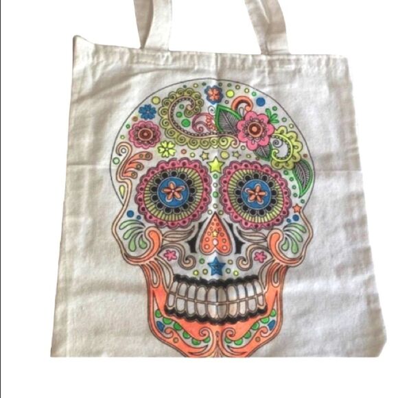 Handbags - Hand-Painted Skull Canvas Tote Bag Neon Glow in the Dark 13.5 x 13 x 2.5 inches